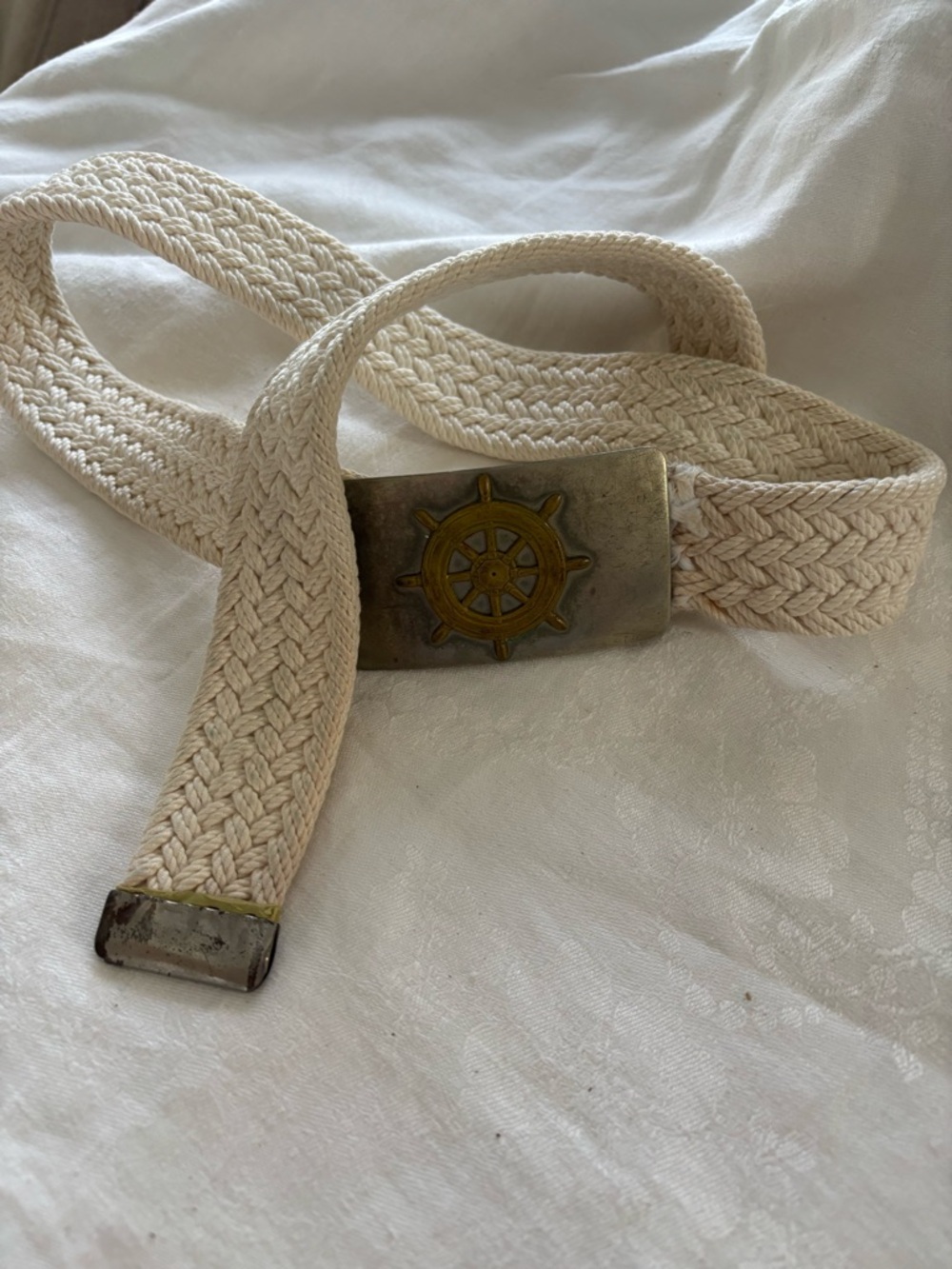 Braided Cotton Nautical Belt with Ship Wheel Buckle - Cream